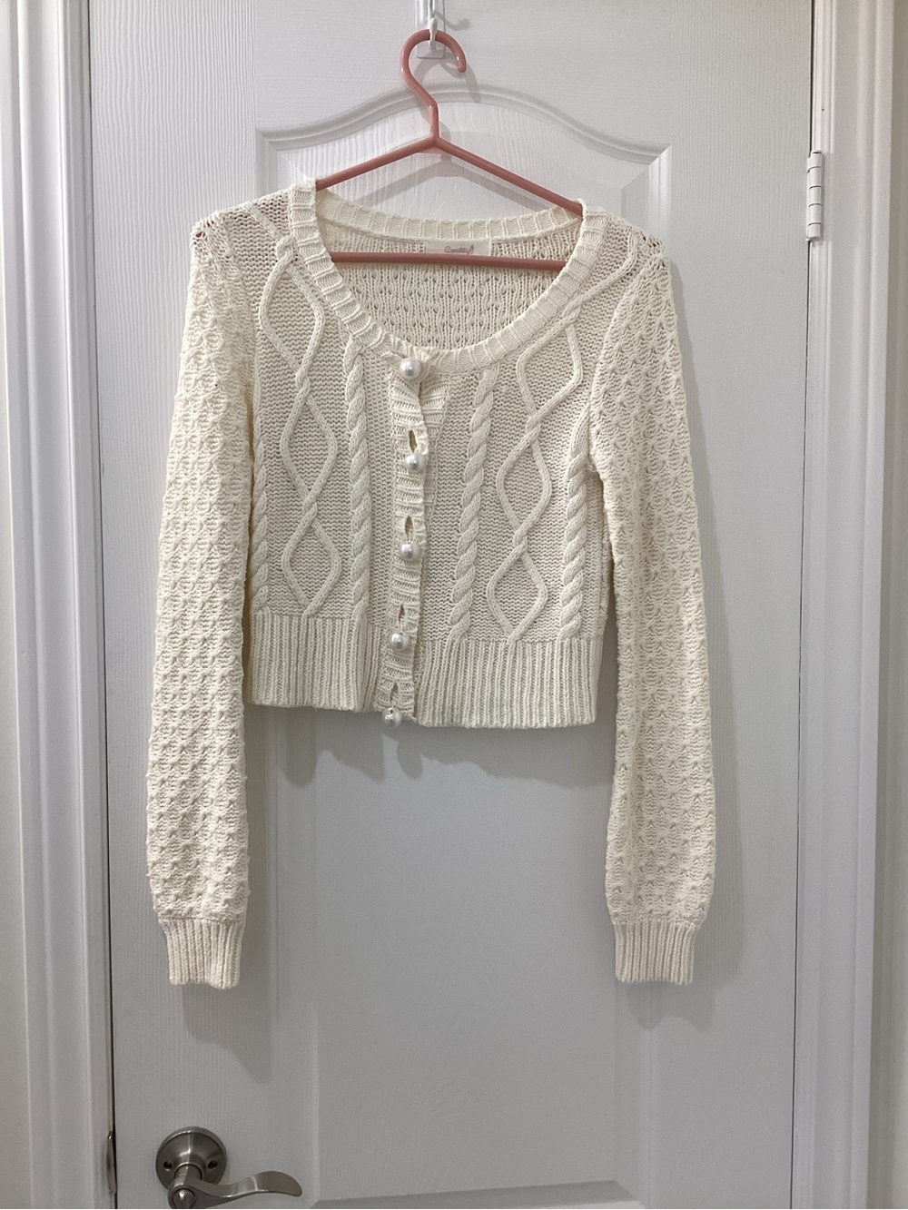 Cropped Cream Cable-Knit Cardigan with Pearl Buttons